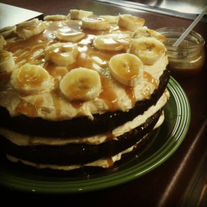 gluten free / vegan chocolate banana caramel cake